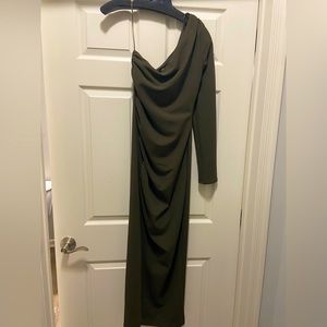 Zara one sleeve olive green maxi dress